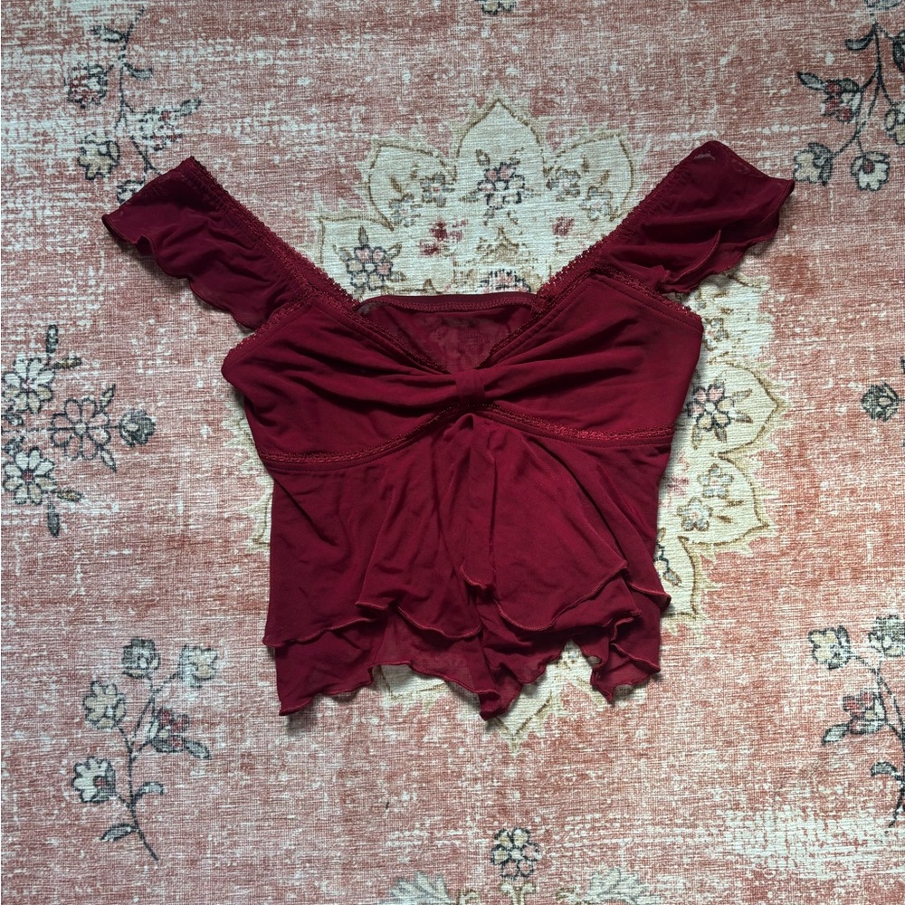 SHEIN Burgundy Ruffle Sleeve Blouse